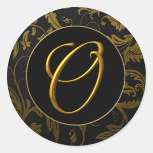 Sticker Rond Monogram O Gold et Black Mariage damassé Seal