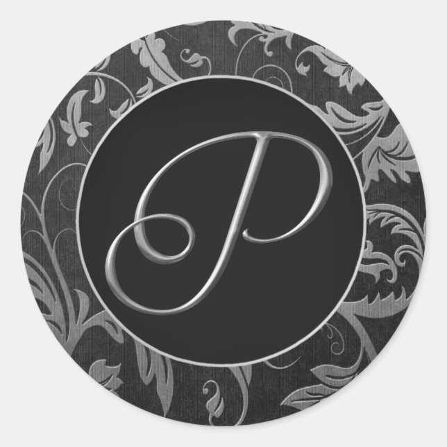 Sticker Rond Monogram P Silver et Black Mariage damassé Seal (Devant)