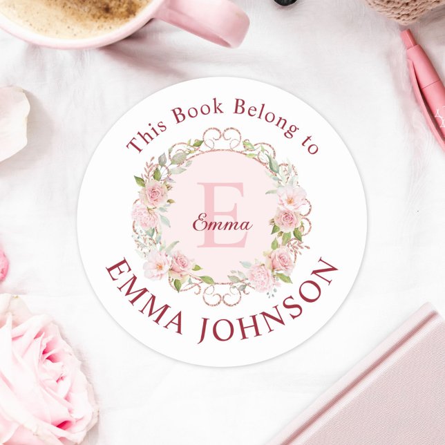 Sticker Rond Monogram Pink Rose This Book Belongs to Bookplate (In situ)