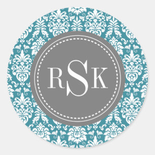 Sticker Rond Monogram Trio Turquoise Damask
