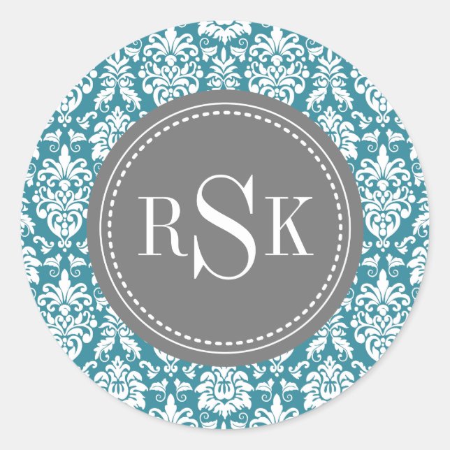 Sticker Rond Monogram Trio Turquoise Damask (Devant)