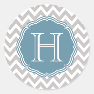 Sticker Rond Monograma bleu dans gris chevrón élégant