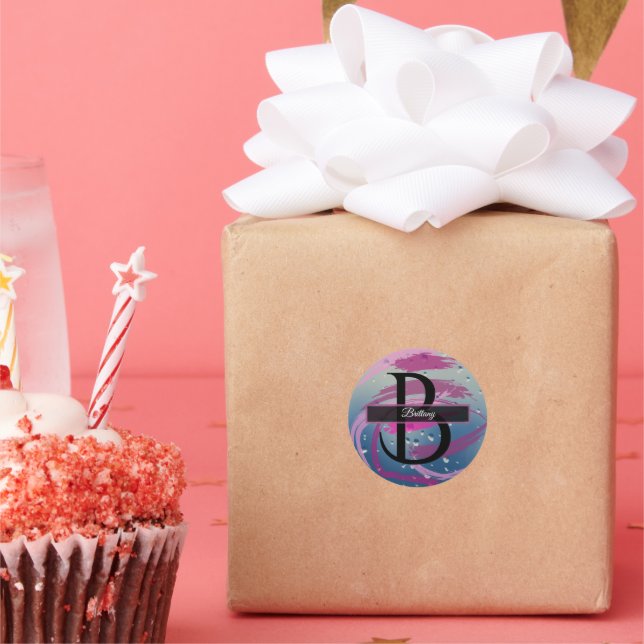 Sticker Rond Monogramme à coup de pinceau Fuchsia et Rose tendr (Fête)