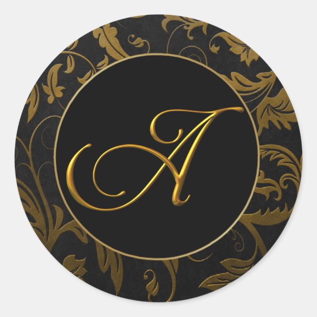 Sticker Rond Monogramme A Gold et Black Mariage damassé Seal (Devant)
