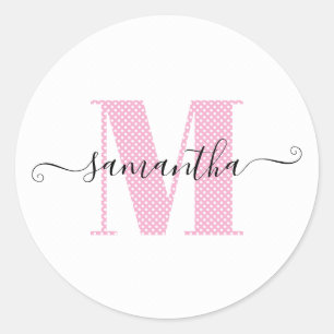 Sticker Rond Monogramme à pois rose clair et blanc féminin