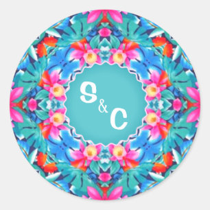 Sticker Rond Monogramme Abstrait hawaïen Couple Classic Round S