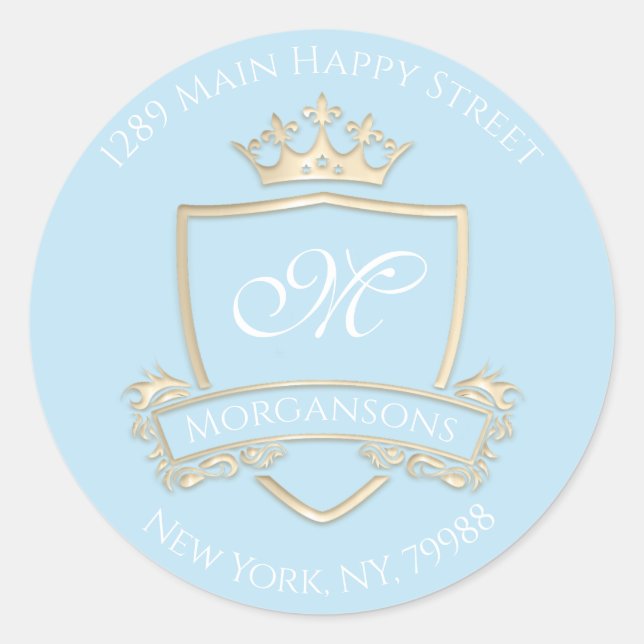 Sticker Rond Monogramme Adresse Couronne Royal Gold Ocean RSVP (Devant)