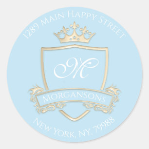 Sticker Rond Monogramme Adresse Couronne Royal Gold Ocean RSVP