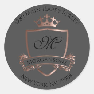 Sticker Rond Monogramme Adresse Couronne Royal Grey Rose RSVP