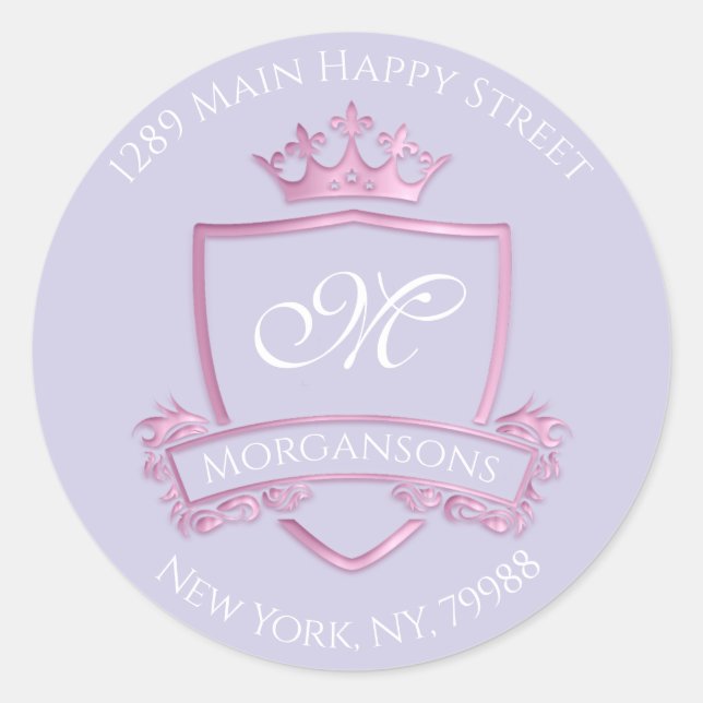 Sticker Rond Monogramme Adresse Couronne Royal Rose Purple RSVP (Devant)