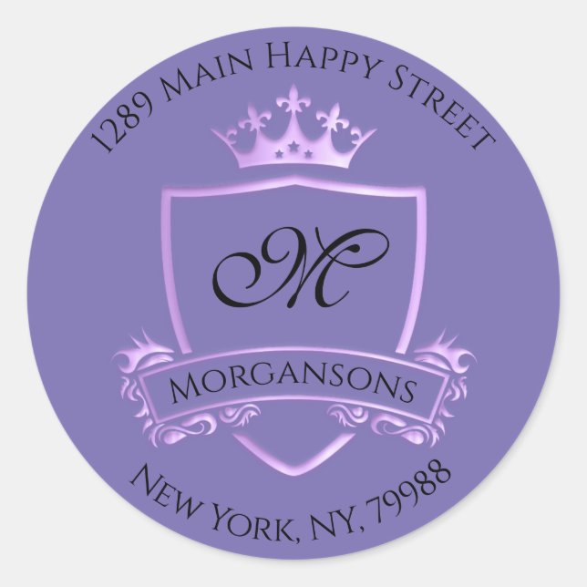Sticker Rond Monogramme Adresse Couronne Royal Violet pourpre (Devant)