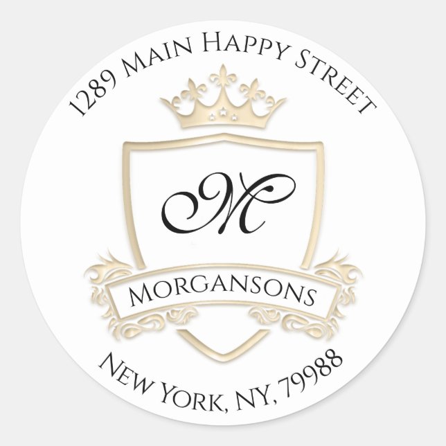 Sticker Rond Monogramme Adresse Couronne Royal White Gold RSVP (Devant)