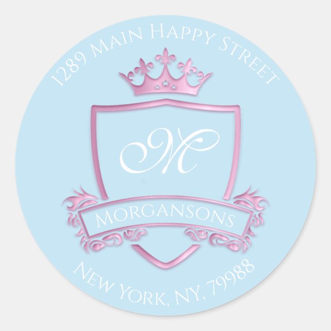 Sticker Rond Monogramme Adresse Crown Royal Pink Ocean RSVP (Devant)