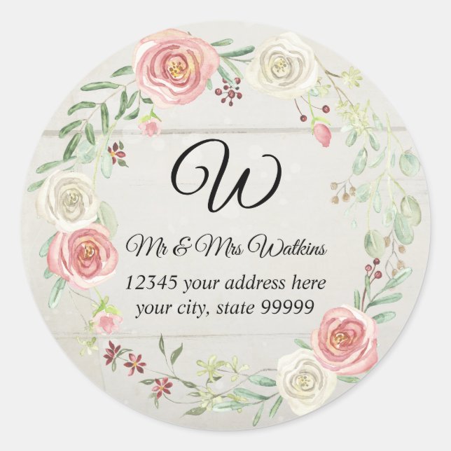Sticker Rond Monogramme Adresse de retour Bois rustique Blush F (Devant)