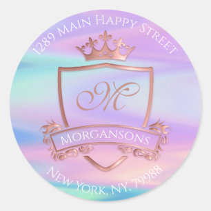 Sticker Rond Monogramme Adresse de retour Couronne Holographie