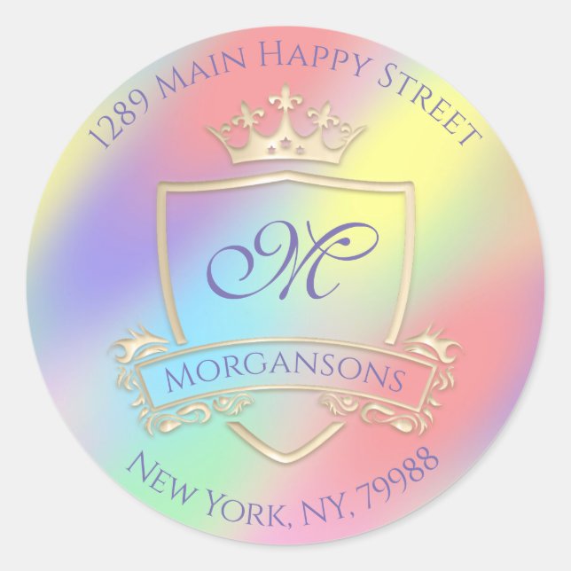 Sticker Rond Monogramme Adresse de retour Couronne Royal Hologr (Devant)