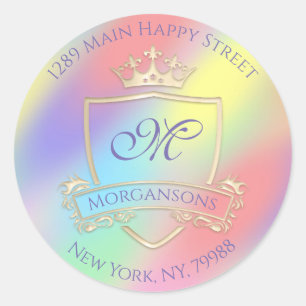 Sticker Rond Monogramme Adresse de retour Couronne Royal Hologr