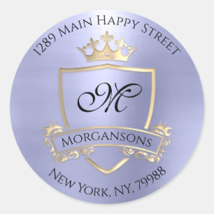 Sticker Rond Monogramme Adresse de retour Crown Royal Gold Blue