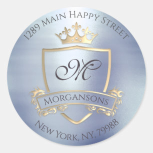 Sticker Rond Monogramme Adresse de retour Crown Royal Gold Grey