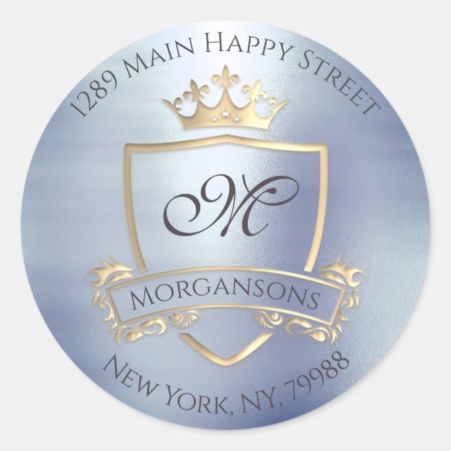 Sticker Rond Monogramme Adresse de retour Crown Royal Gold Grey (Devant)