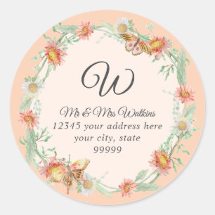 Sticker Rond Monogramme Adresse de Retour Fleurs de Pêche Ivoir