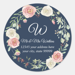 Sticker Rond Monogramme Adresse de retour Marine Blush Rose Flo