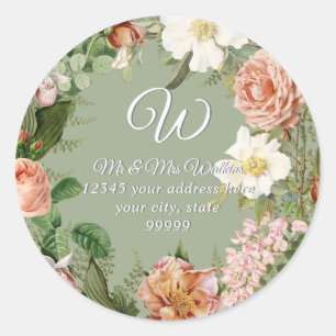 Sticker Rond Monogramme Adresse de retour Sage Coral Peony Flor