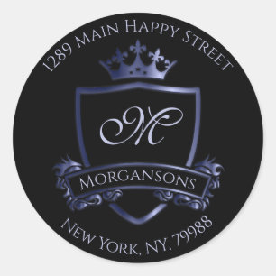 Sticker Rond Monogramme Adresse RSVP Crown Royal Smoky Blue Bla