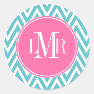 Sticker Rond Monogramme Aqua et Chevrons Rose