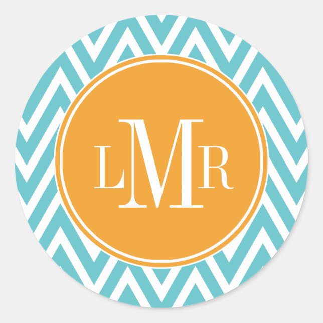 Sticker Rond Monogramme Aqua et Orange Chevrons (Devant)
