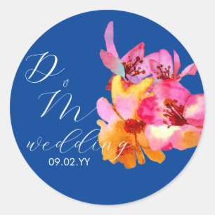 Sticker Rond Monogramme aquarellé de fleurs vives bleu mariage