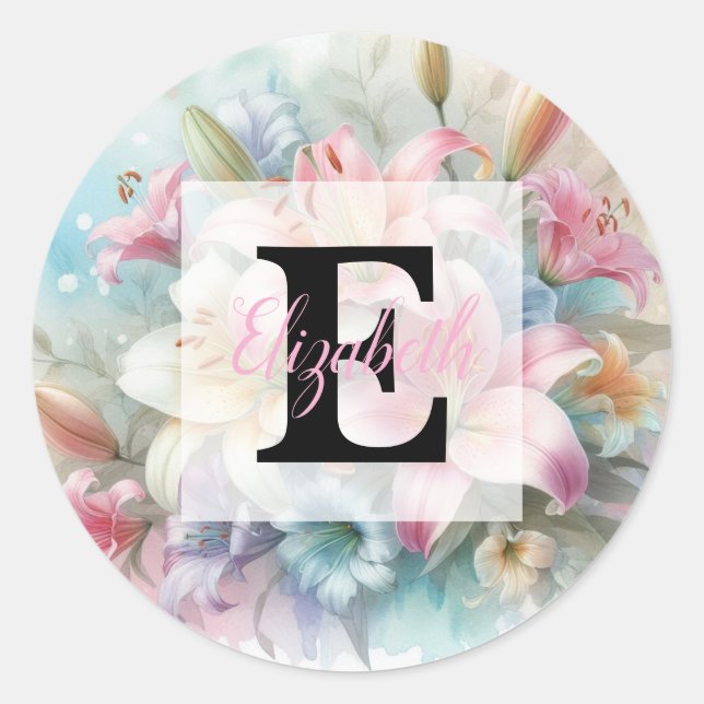 Sticker Rond Monogramme aquarelle florale fleurs lys roses  (Devant)