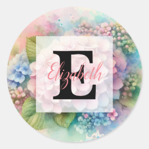 Sticker Rond Monogramme aquarelle florale hydrangea rose