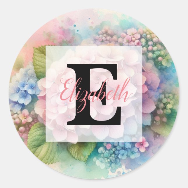 Sticker Rond Monogramme aquarelle florale hydrangea rose  (Devant)