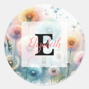 Sticker Rond Monogramme aquarelle florale pissenlits roses bleu