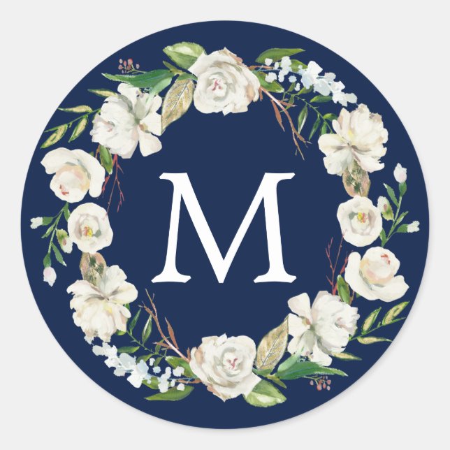 Sticker Rond Monogramme Aquarelle Marine Bleu Blanc Floral Wrea (Devant)