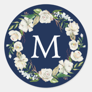 Sticker Rond Monogramme Aquarelle Marine Bleu Blanc Floral Wrea
