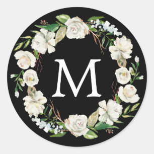 Sticker Rond Monogramme Aquarelle Noir Blanc Floral Wreath