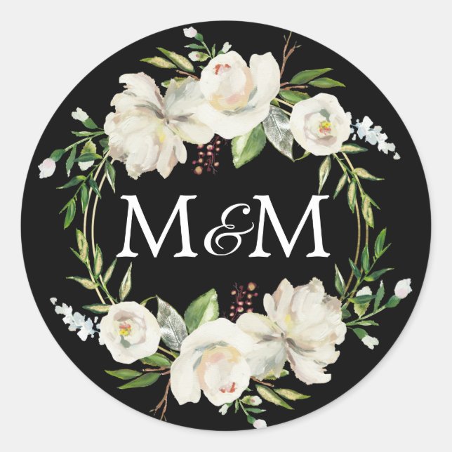 Sticker Rond Monogramme Aquarelle noire Mariage Floral blanc (Devant)