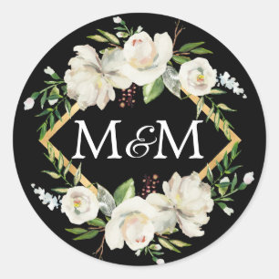 Sticker Rond Monogramme Aquarelle noire Mariage Floral blanc