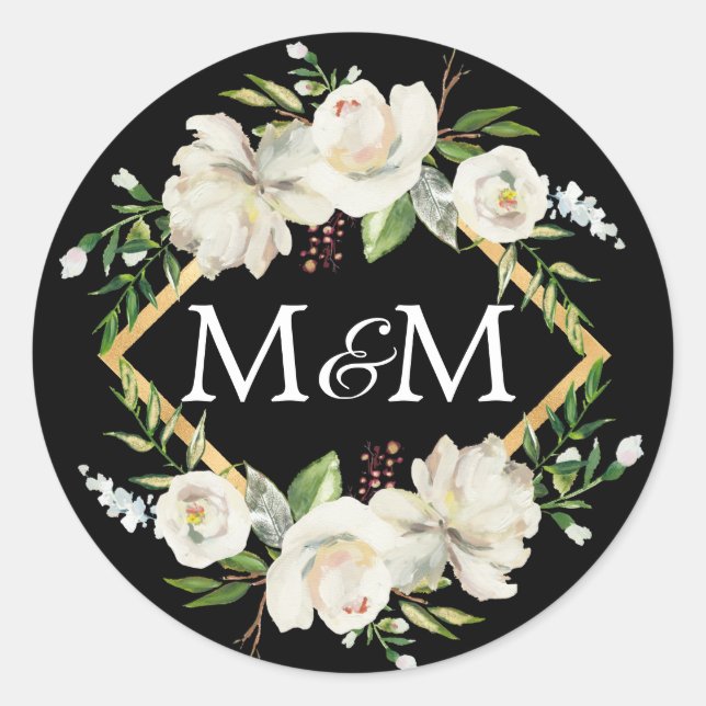 Sticker Rond Monogramme Aquarelle noire Mariage Floral blanc (Devant)