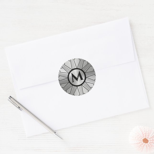 Sticker Rond Monogramme Argent Brossé Art Déco (Enveloppe)