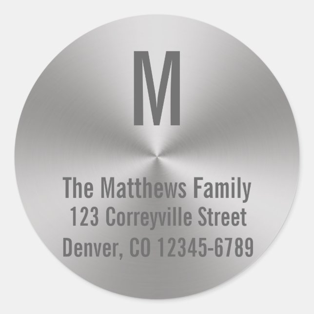 Sticker Rond Monogramme Argent Revêtu Métal Brossé |Adresse rad (Devant)
