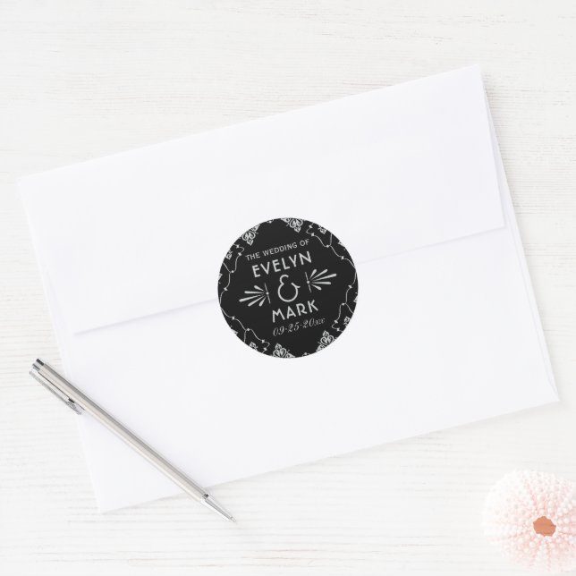Sticker Rond Monogramme Art Déco Argent Noir Vintage (Enveloppe)