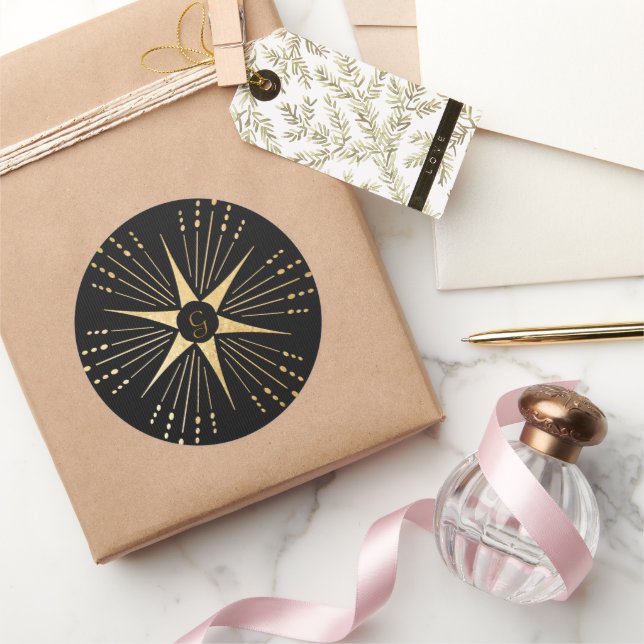 Sticker Rond Monogramme Art déco étoile Noir et or (Cadeaux)