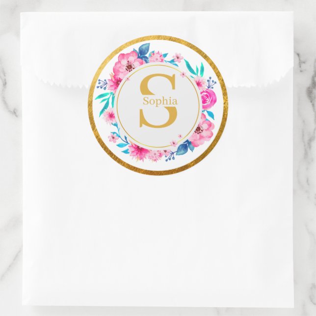 Sticker Rond Monogramme Art I Initiale dorée et rose en aquarel (Sac)