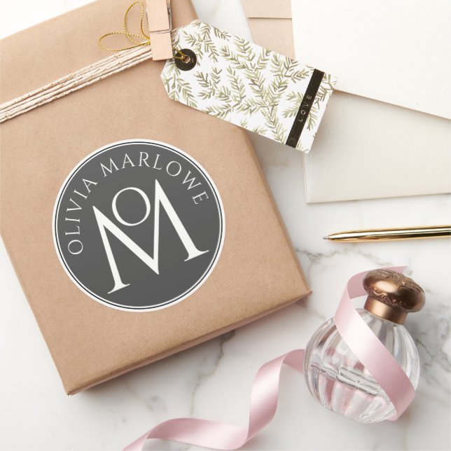 Sticker Rond Monogramme artistique Nom personnel Logo noir blan (Cadeaux)