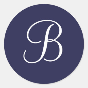Sticker Rond Monogramme B en blanc sur bleu marine,