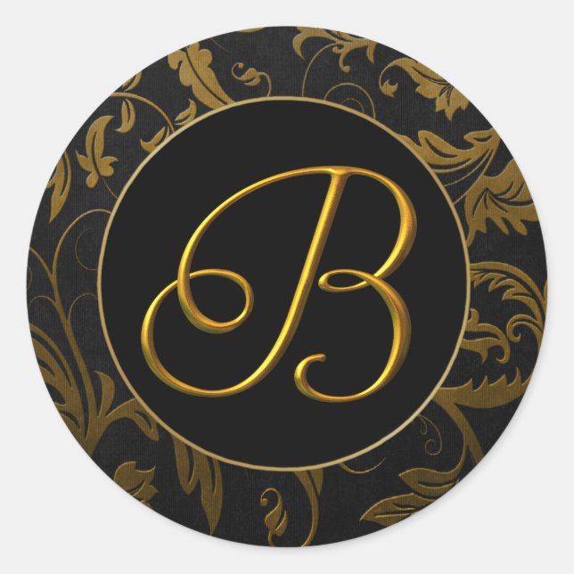Sticker Rond Monogramme B Gold et Black Mariage damassé Seal (Devant)