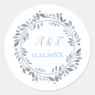 Sticker Rond Monogramme blanc gris bleu Mariage floral
